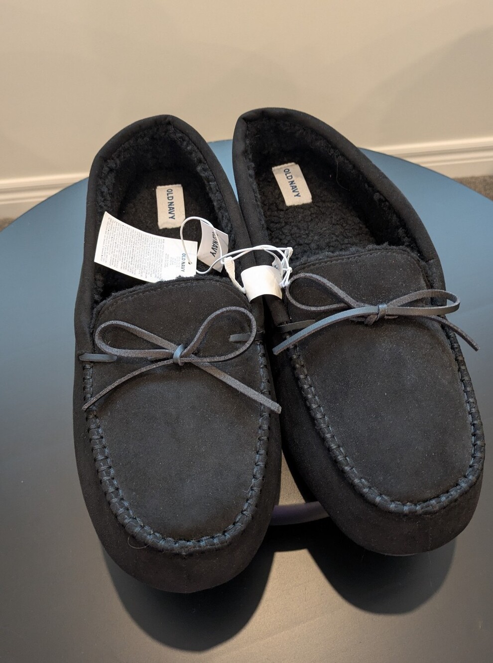 Old Navy Black Men's Suede-Look Moccasin Slippers with Bow